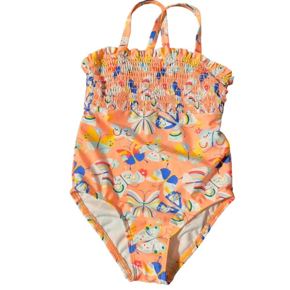 Cat & Jack Girls 3T Swimsuit‎ One Piece Peach Butterfly Rainbow Smocked